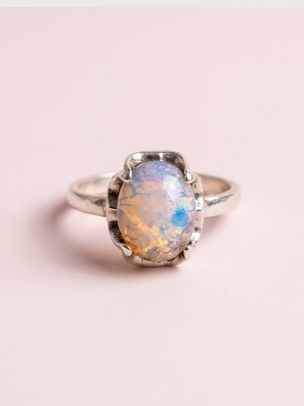 Sterling Silver Opal Cabochon Ring Iridescent Blue-Peach